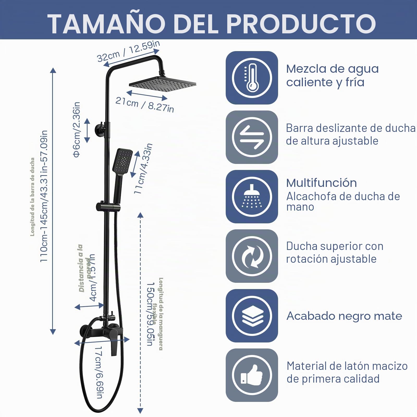Columna Ducha con Grifo Negro, Altura Regulable 110-145cm, Conjunto Completo con Grifo Monomando, Sistema de Lluvia Cuadrada 21x21cm, Ducha de Mano de 3 Modos, Manguera 1.5 m