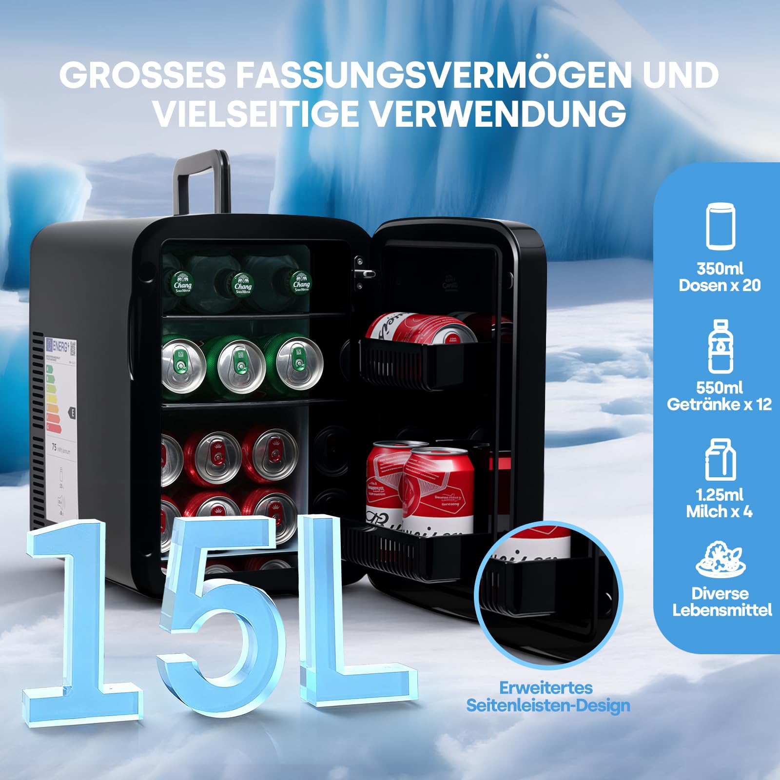 Enventor 15L Mini-Kühlschrank, 220V AC/ 12V DC, Schwarz