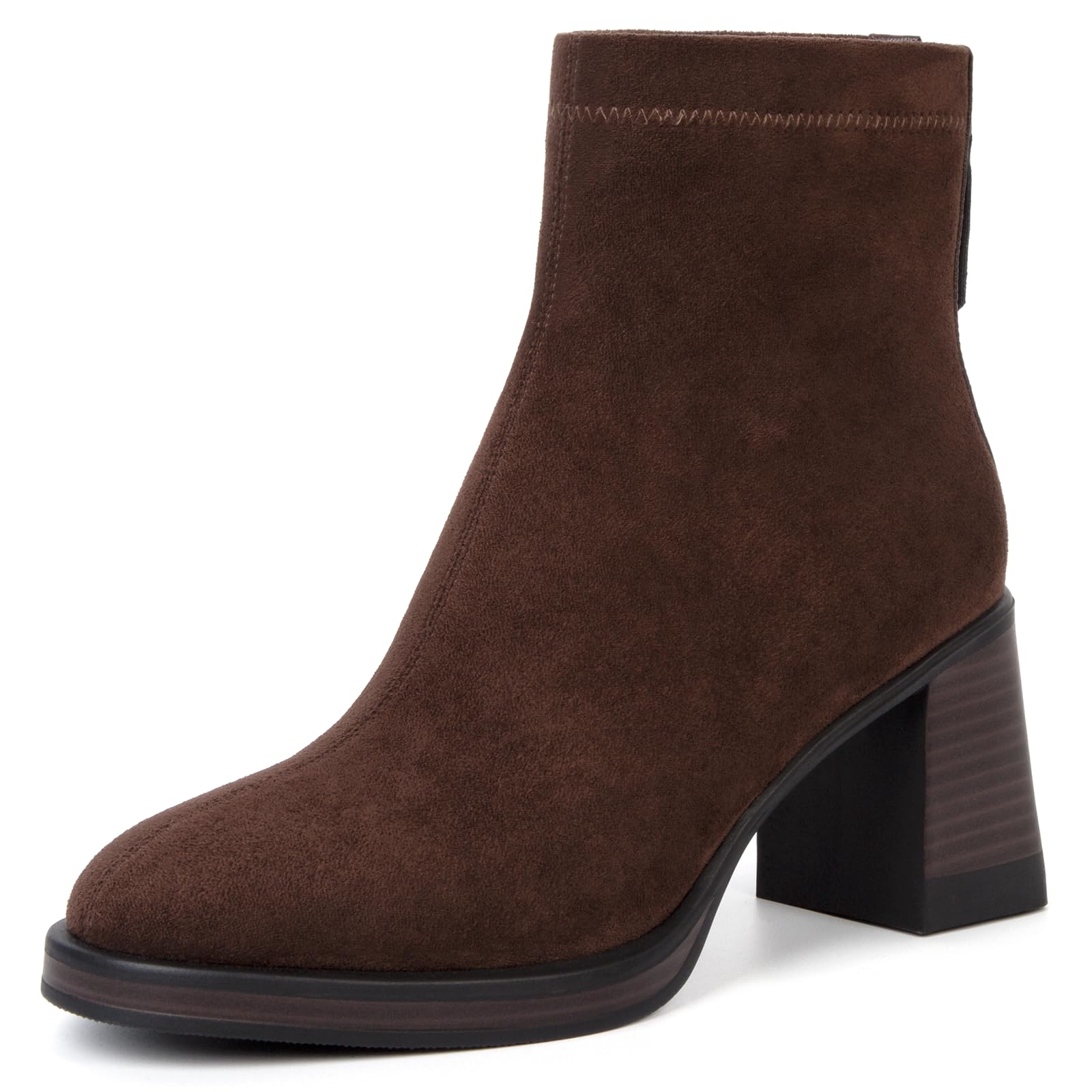 Brown Suede Booties for Women Round Toe Block Chunky Heels Fall Booties Slip-on Ankle Short Boots with Zipper