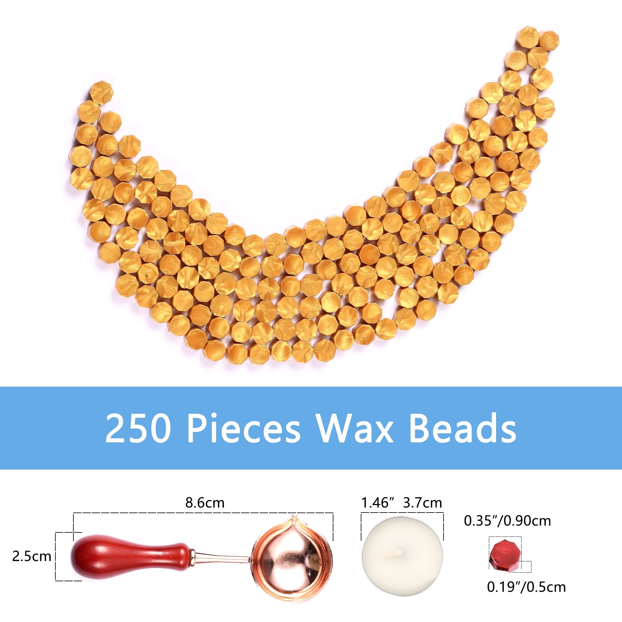 Comealltime 248-Piece Sealing Wax Set, Gold Octagonal Sealing Wax Beads with 2 Tea Lights and 1 Melting Spoon, Wax Seal Stamp - Image 2