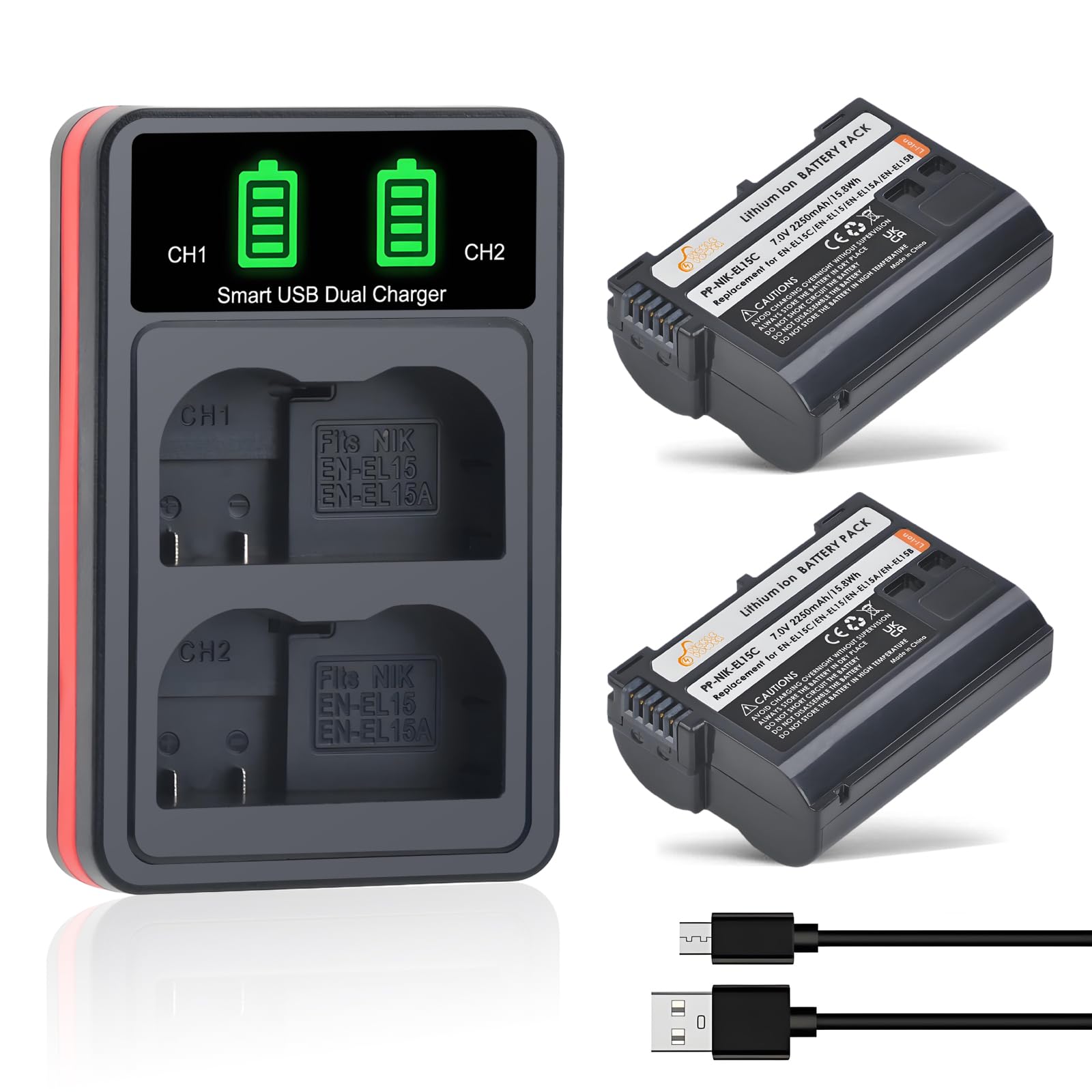 Pickle Power EN-EL15C EN-EL15 Battery 2 Pack and LED Dual Slot Charger for Nikon Z6 Z7 Z8 D500 D750 D850 D7500 D7000 D7100 D7200 D600 D610 D780 D800 D800e D810 D810a