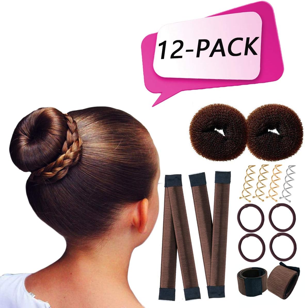 AllBeauty Hair Bun Maker For Kids Brown Donut Magic Bun Maker (2 Donuts + 2 Snap Bun Makers + 4 Spin Bobby Pins + 4 Pieces Hair Elastic Band) Easy Hair Bun For Women Girls Kids (12-Pack, Brown)