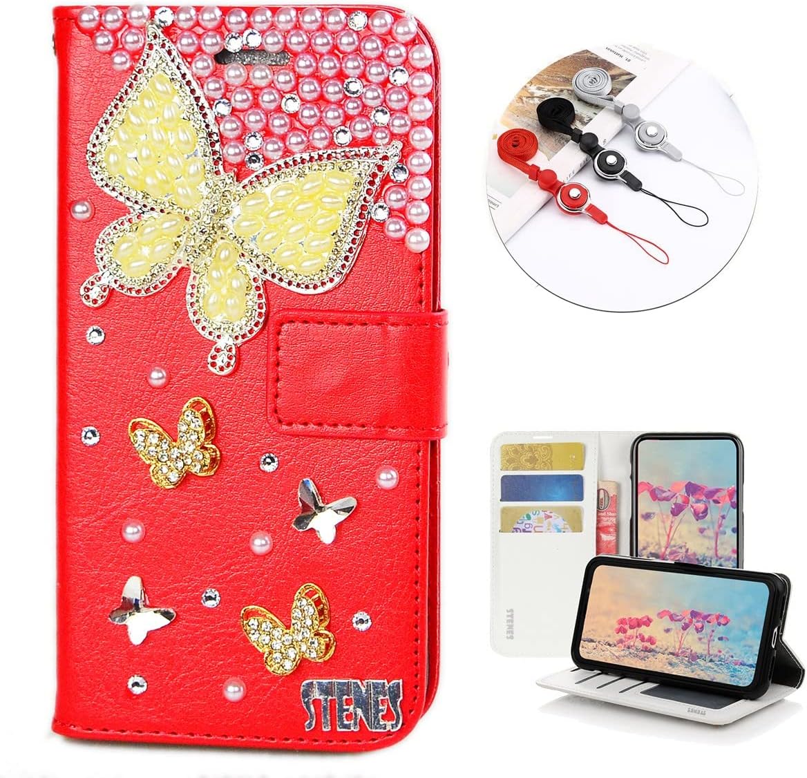 Bling Wallet Phone Case Compatible with Moto G Stylus - Stylish - 3D Handmade Pearl Butterfly Design Leather Cover with Neck Strap Lanyard [3 Pack] - Red