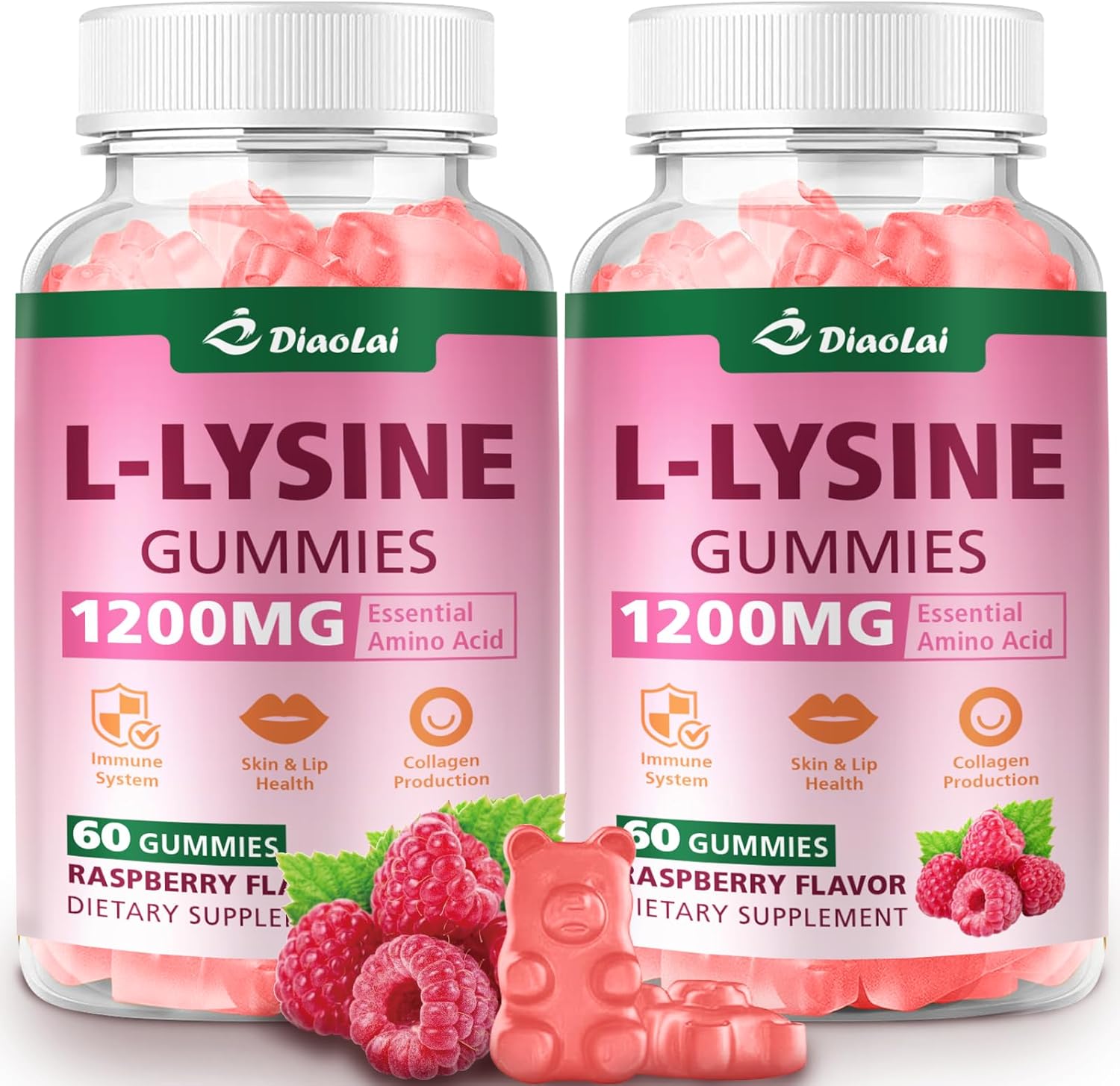 L-Lysine 1200mg Gummies, Chewable Lysine Supplement for Adults, Immune Support, Collagen Formation Support, Lip & Skin Health, Vegan, Raspberry Flavor, 120 Count