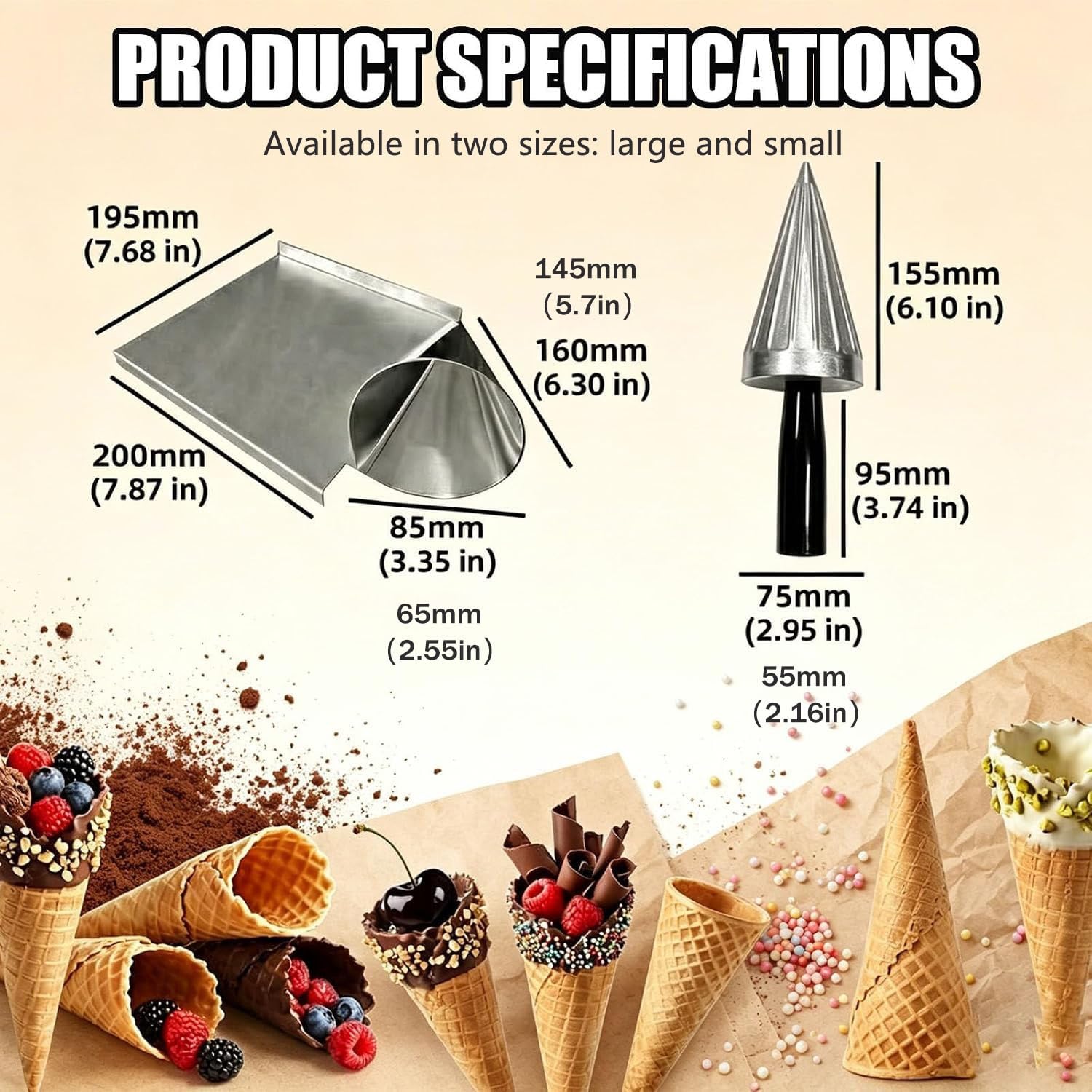 Strumento professionale per arrotolare coni per gelato waffle cone | In Acciaio Inox Antiaderente; Accessorio Da Cucina Ideale Per La Preparazione E La Decorazione Di Coni Waffle