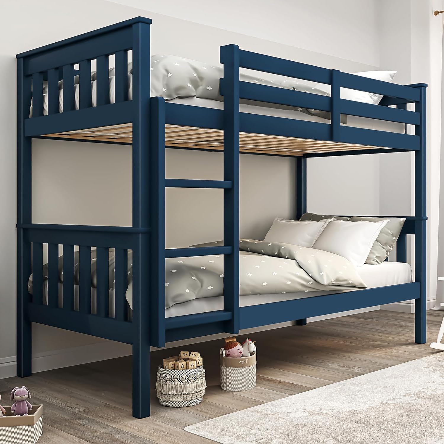 Blisswood Bunk Bed Double Bed with 2x Mattress, 3ft Blue Wooden Bunk Beds With Ladder Twin Sleeper Kids Bunk Bed, Solid Pine Wood Frame Single Double Bed frame For Kids Children Home