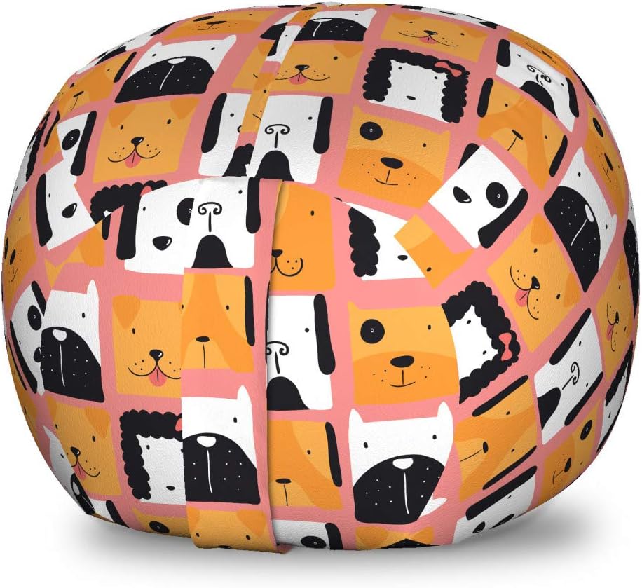 Ambesonne Dog Storage Toy Bag Chair, Funny Puppy Heads Doodle Concept Square Form on Coral Tone Background, Stuffed Animal Organizer Washable Bag, Small Size, Multicolor