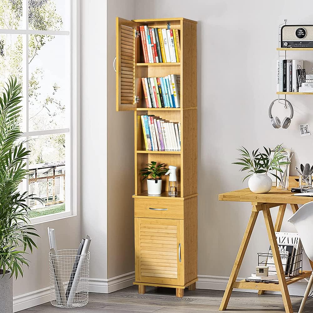 Bathroom Storage Narrow with 2 Shelves & 2 Doors& Drawer,Floor
