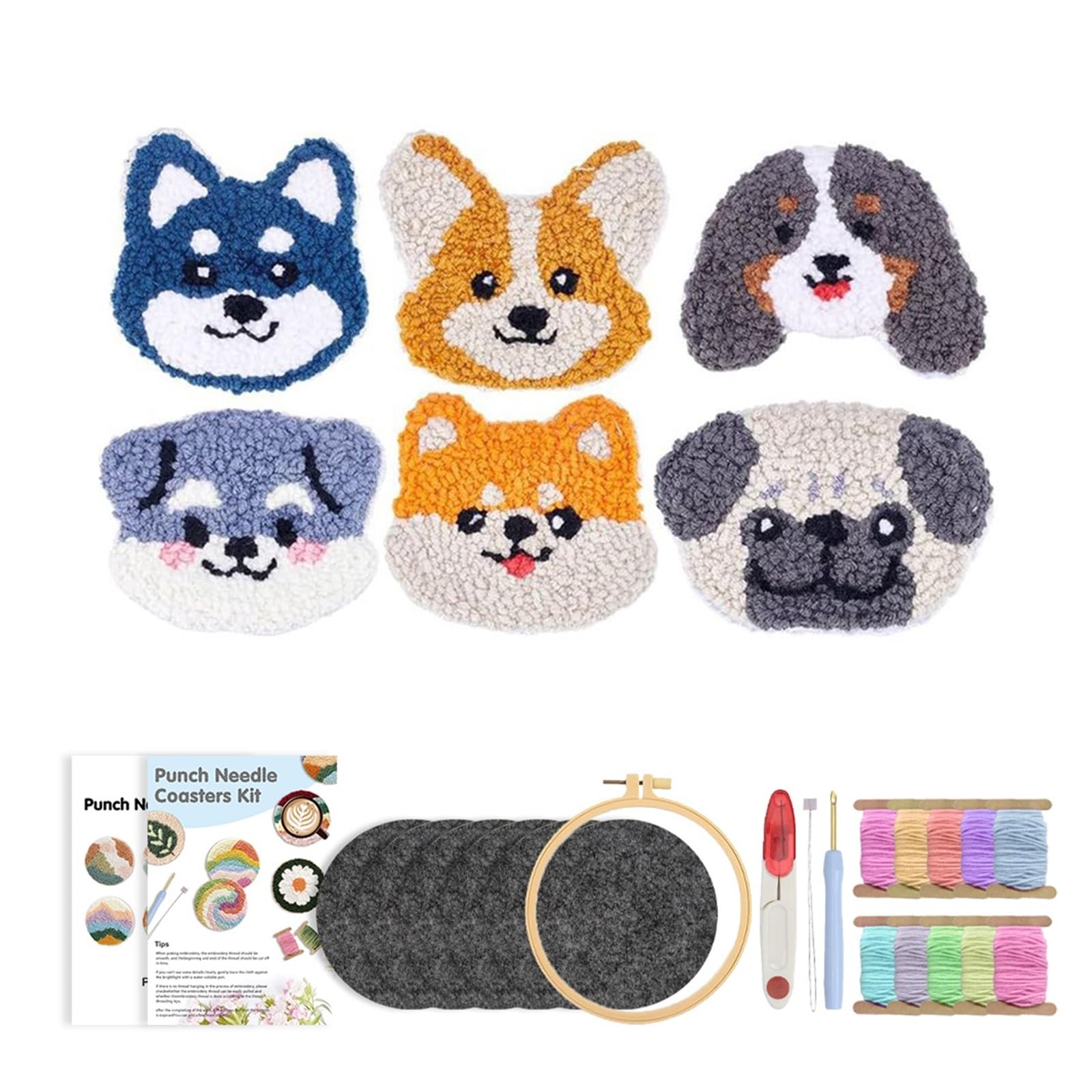 1set Punch Needle Embroidery Kit DIY Stitching Coasters Needlecraft Dog Pattern Tufted Rug Pads With Felt Yarns For Beginners for DIY(Color3)