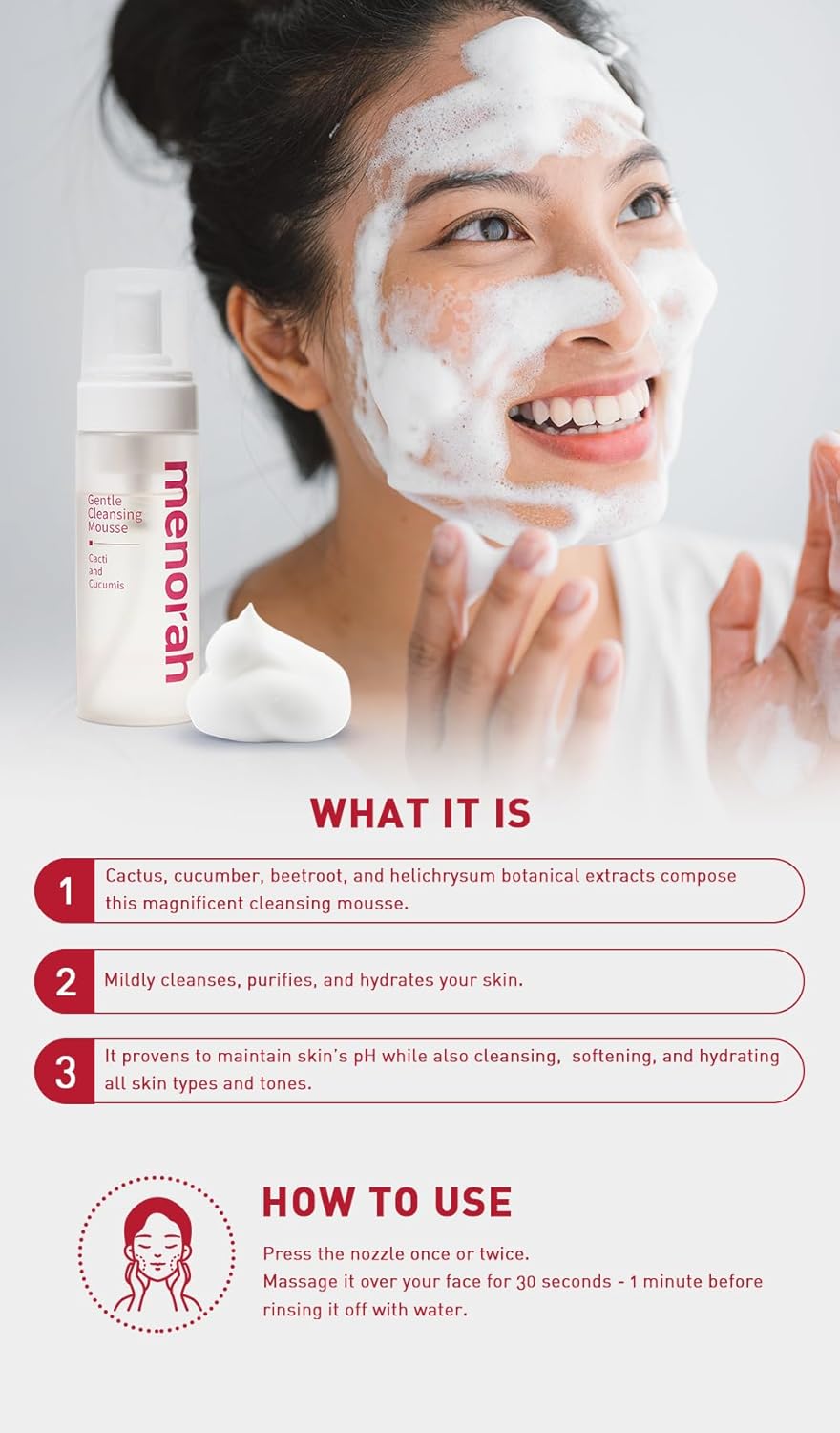 menorah Gentle Cleansing Mousse – Hydrating pH-Balanced Face Wash with Cactus & Cucumber Extracts, Soothing Daily Cleanser for Sensitive & Dry Skin - Image 6