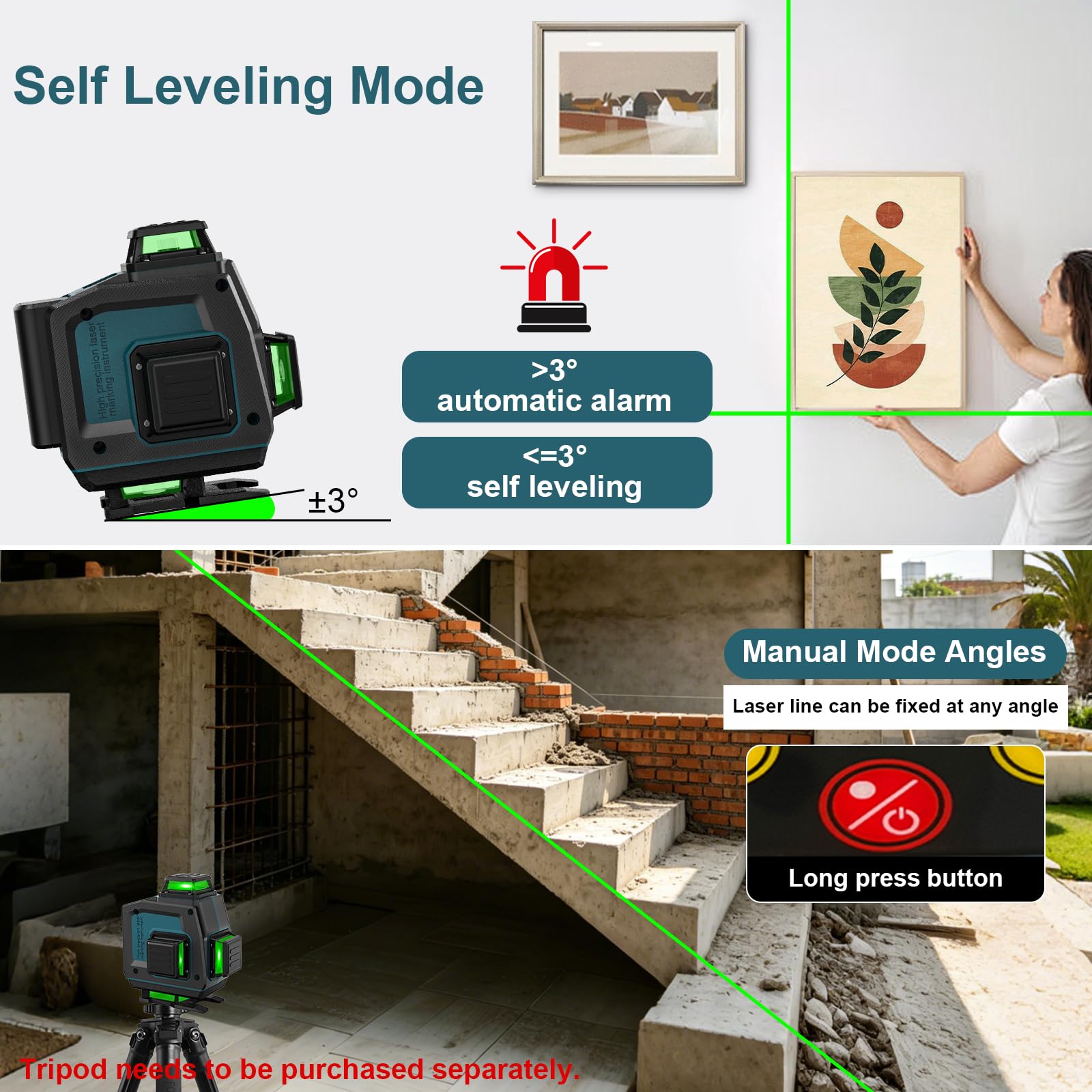 QUPERR Nivel Láser Verde 4D 4x360° Autonivelante 16 Líneas (Sin Trípode) | nivel láser, láser verde, autonivelante, 4D, 4x360°