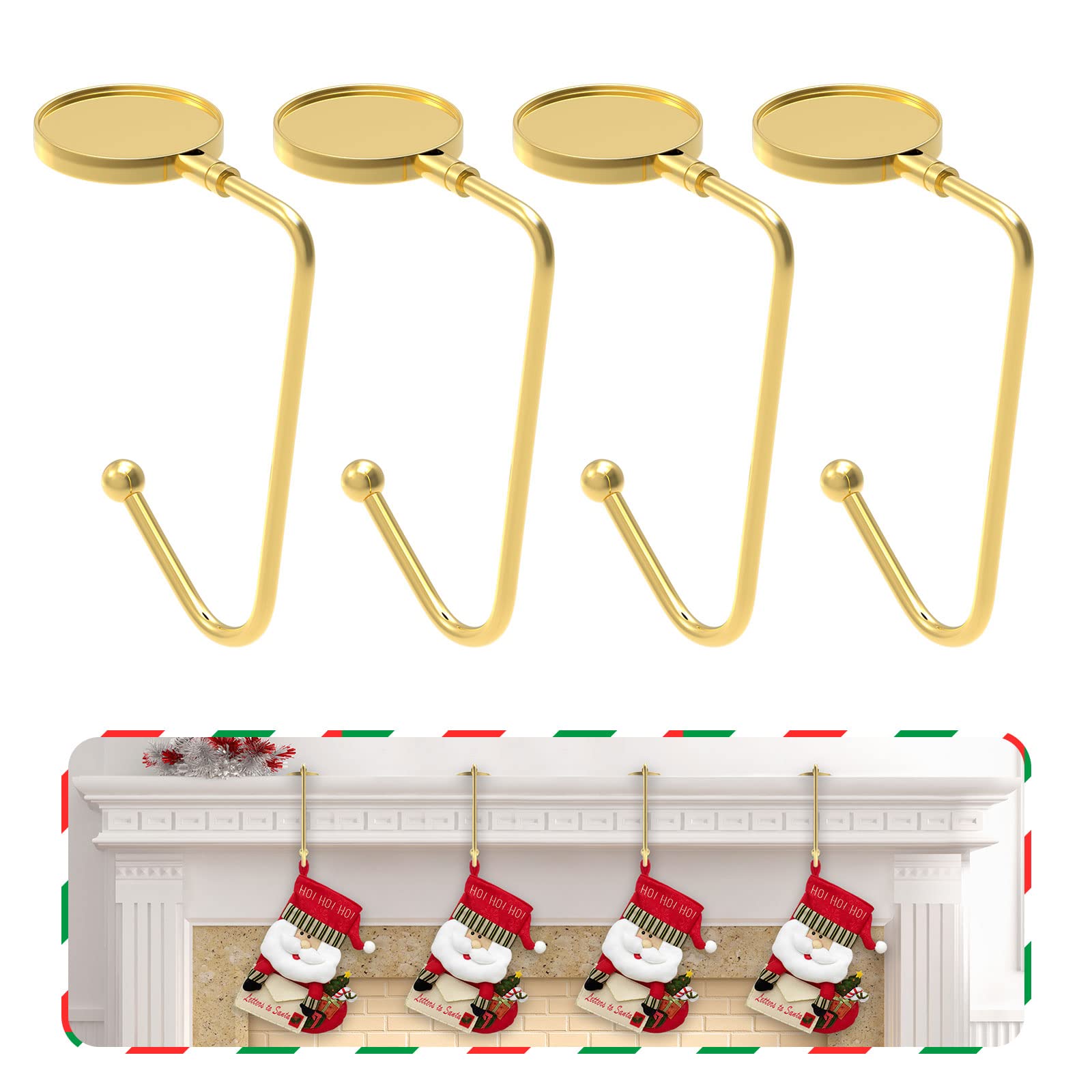 Christmas Stocking Holders for Mantle Hooks Set of 4, Non-Slip Fireplace Safety Hang Grip Stockings Clip, Metal Stocking Hangers for Christmas Party Decoration