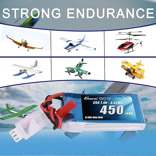 Miniatura 5 de Gens ace Batería LiPo de 7.4V 450mAh 2S 25C50C con enchufe JST (2 piezas)