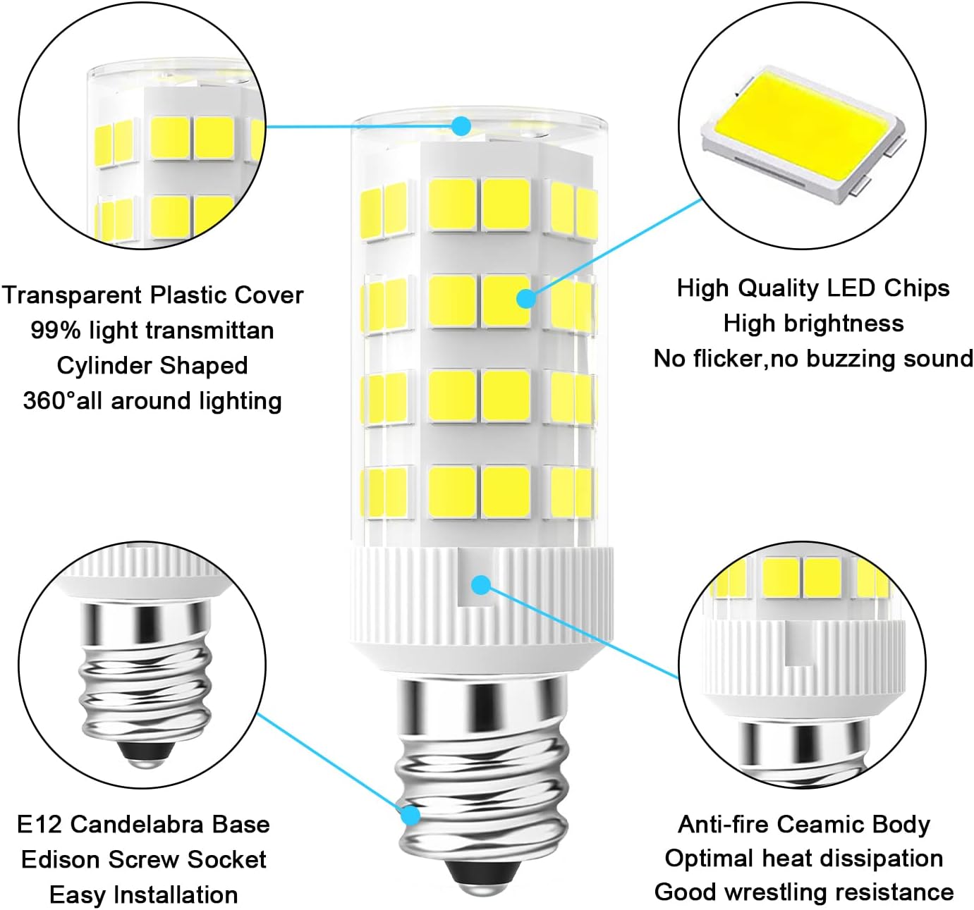 Lacnooe E12 LED Light Bulbs C7 Bulb 5W Daylight White 6000K 120V Candelabra Bulb E12 Base 40W Incandescent Bulbs Equivalent, Non-Dimmable (4-Pack)