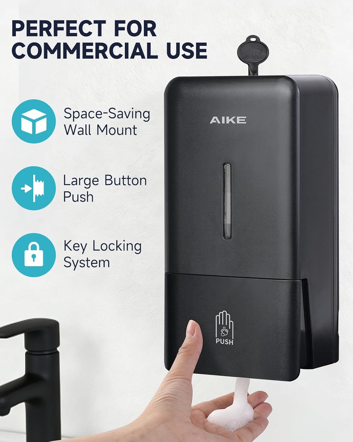 AIKE Manual Commercial Foam Soap Dispenser and Air Wiper Compact Wall Mount Hand Dryer Bundle, Model AK1006F & AK2630S Black
