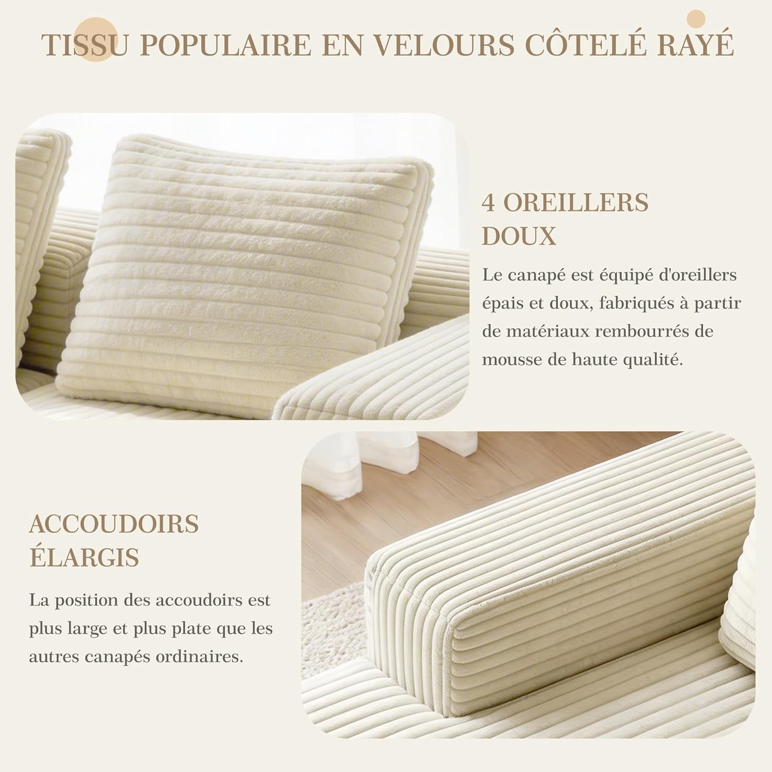 261cm Canapé d'angle Convertible, Canape 3 Places en L, Compressible canapé modulable Cloud avec Assise Profonde, canape Dangle Convertible et Librement combinable pour Le Salon, Beige