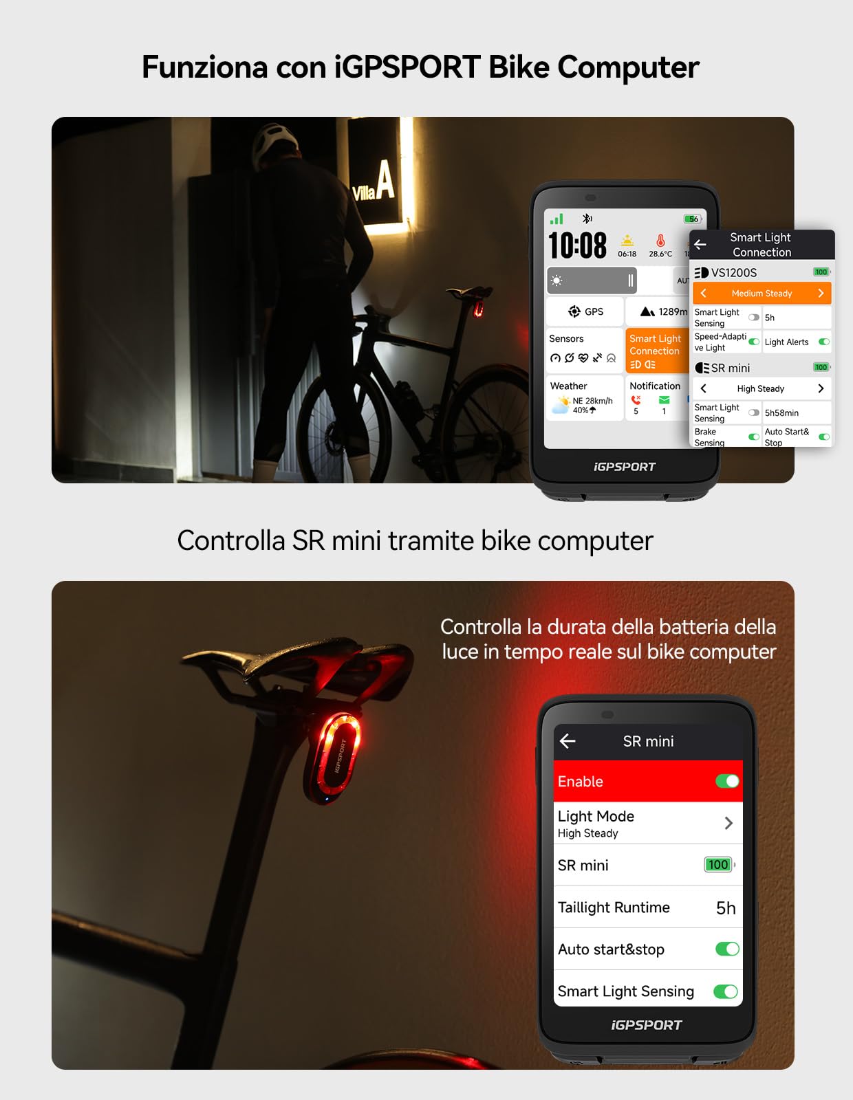 iGPSPORT SRmini Rear Light Bike Radar, 20 ore Battery Distance Vision 1.6 km Brake Detection Auto On/Off Function, MAX 65 lumen, Ant+, Bluetooth 5.0, IPX7