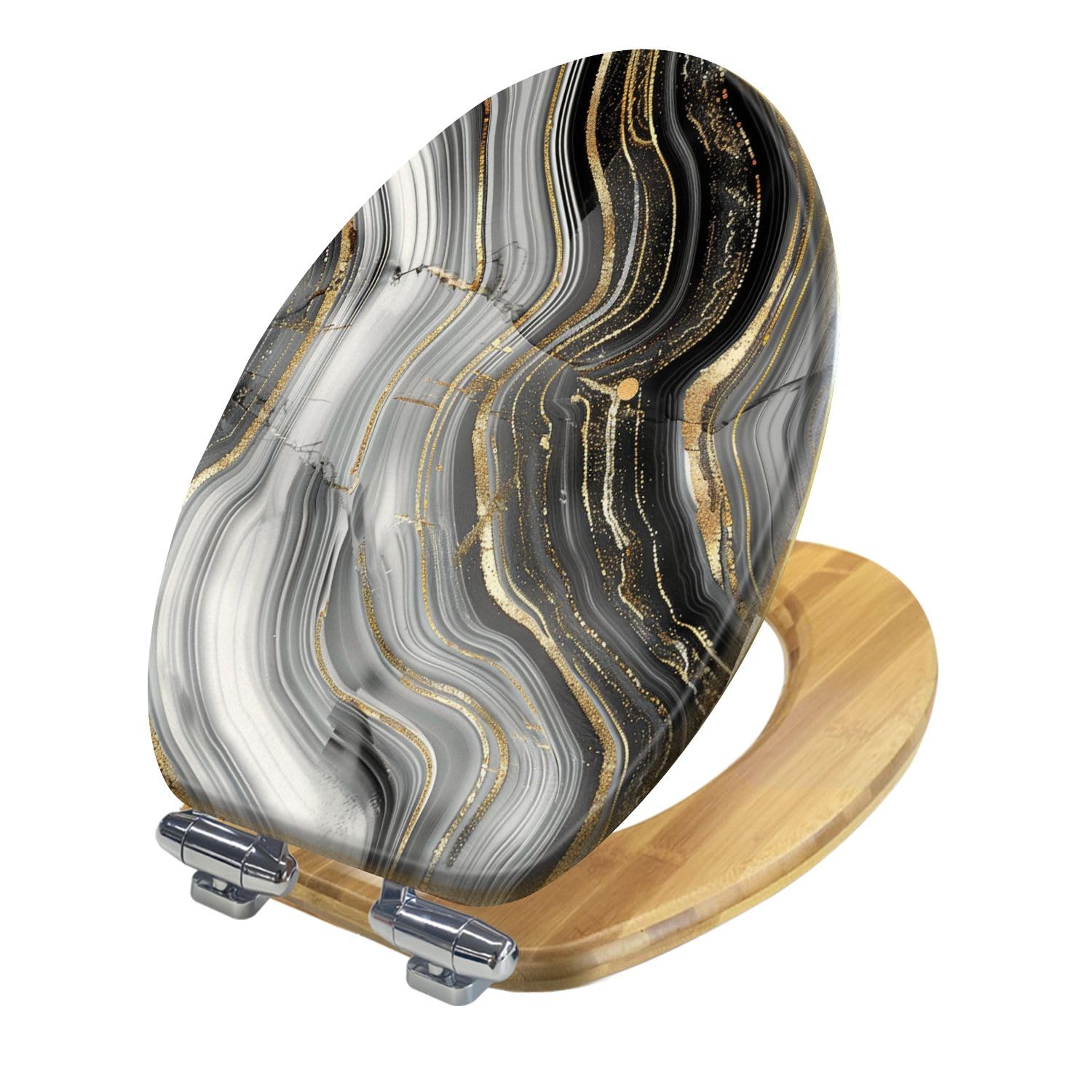 Copriwater decorativo allungato in legno con chiusura ammortizzata e sgancio rapido, motivo astratto in pietra, agata, venature dorate e marmorizzazione, facile da installare.