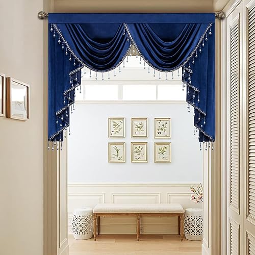 Leeva Thick Velvet Valance Curtain, Blue Waterfall Swag with Beaded
