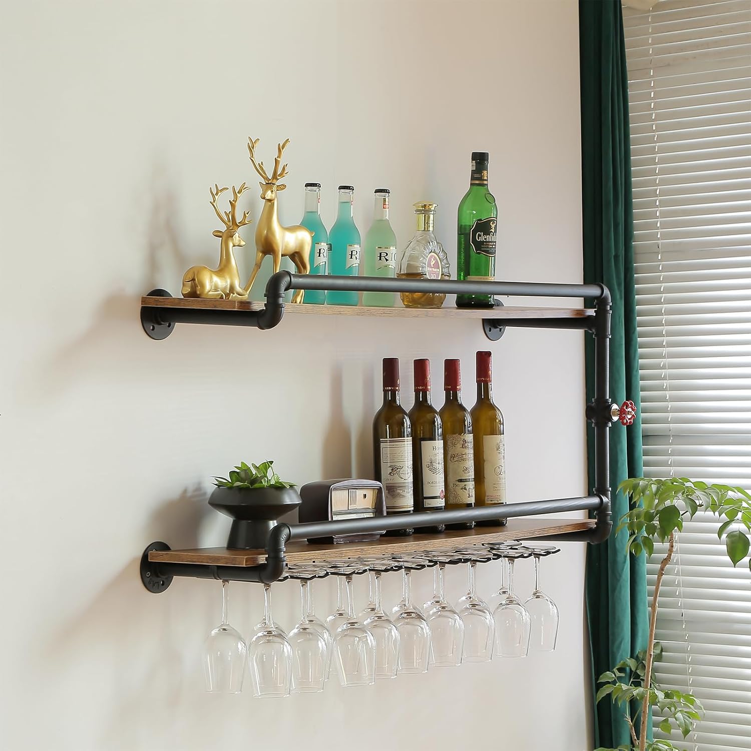 Industrial Pipe Shelves Wine Rack Wall Mounted 2Tier,Hanging Floating Mini Bar Shelves with Glass Holder and Storage,Perfect for Liquor Bottles and More,41.3"x 10.6"x 19.7"