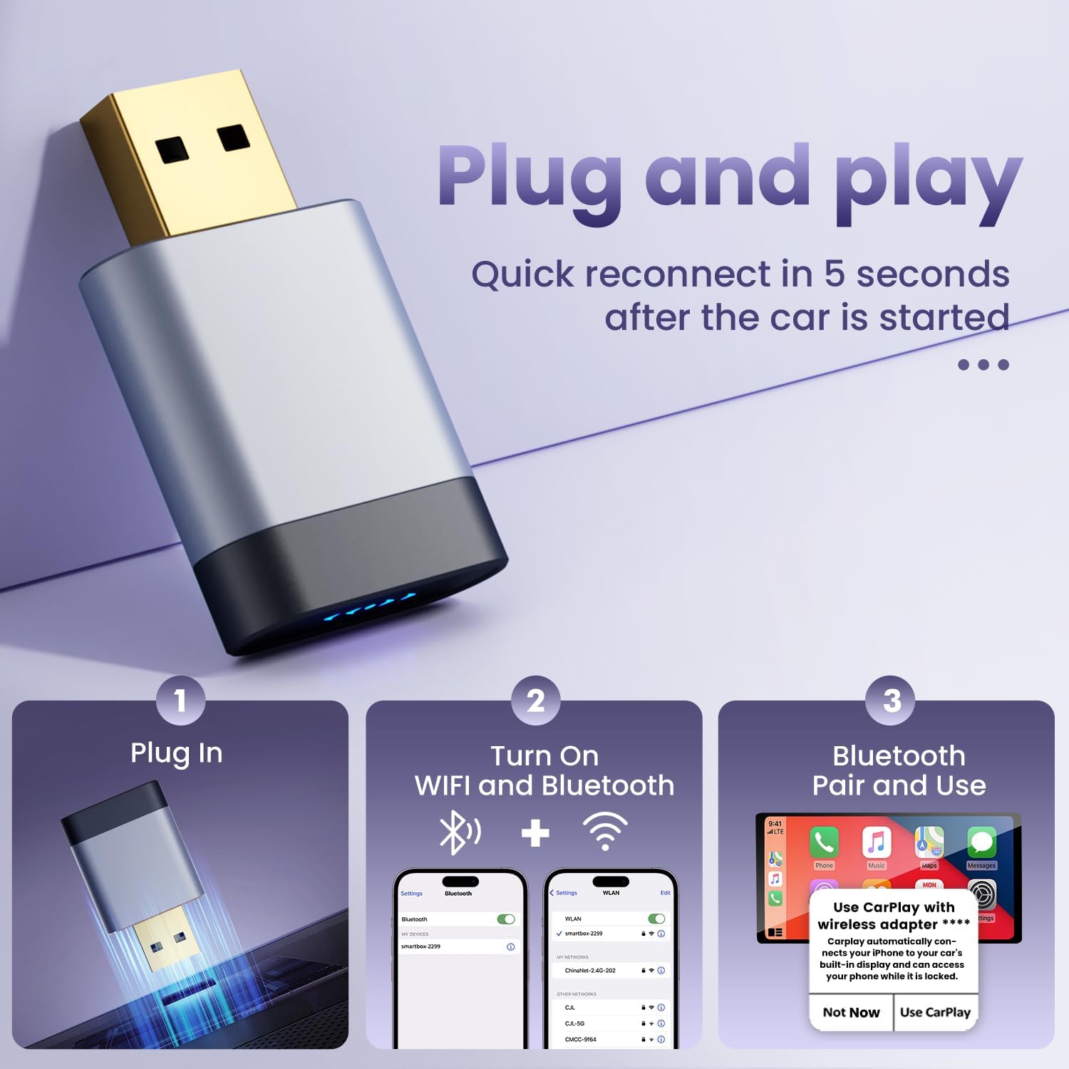 Wireless CarPlay Adapter & Android Auto (Mini & 2026 New) | USB-A/C Mini Car Dongle | Gold-Plated USB Connector | Bluetooth 5.4 | Plug & Play Auto Reconnect| for 2016+ OEM Wired Cars