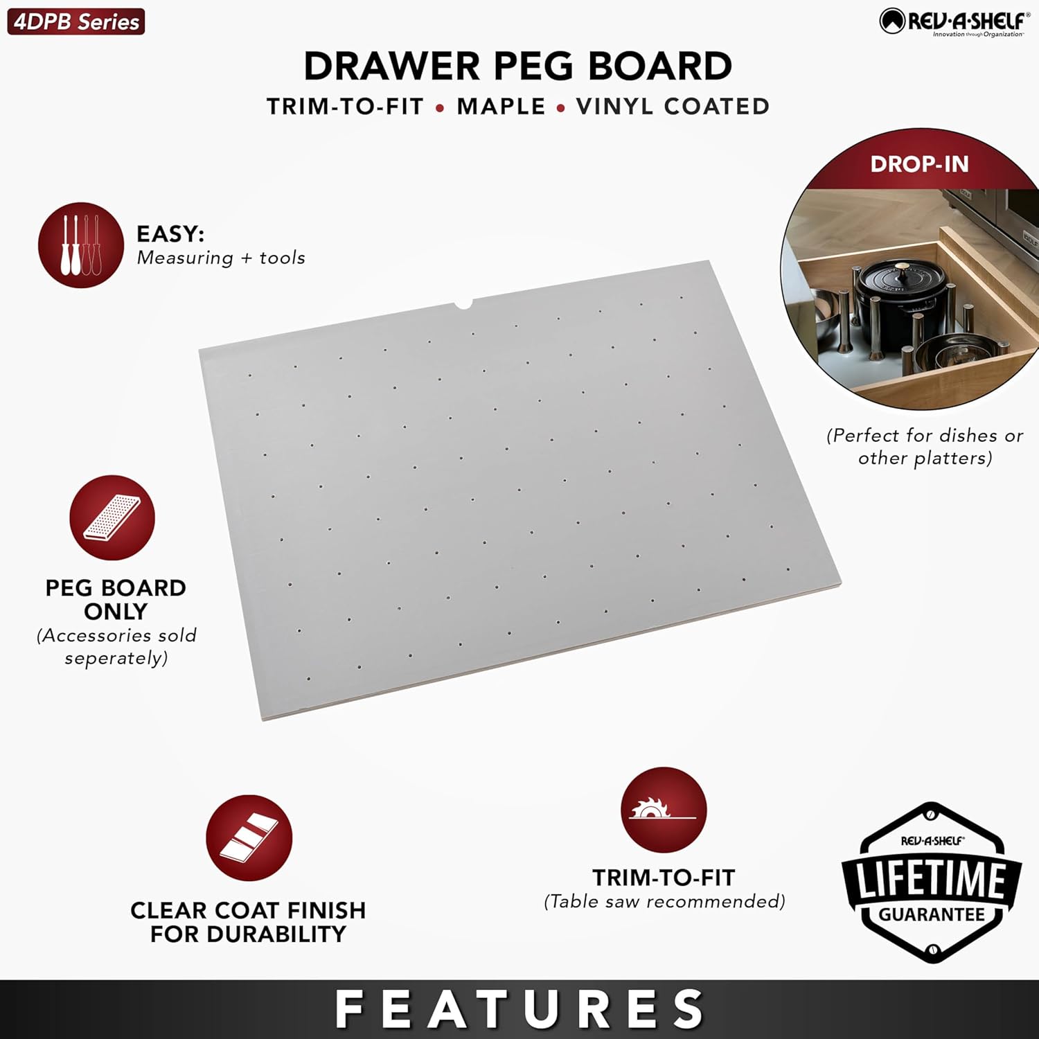 Rev-A-Shelf Wood Trim-to-Fit Drawer Peg Board Insert with Vinyl Coating