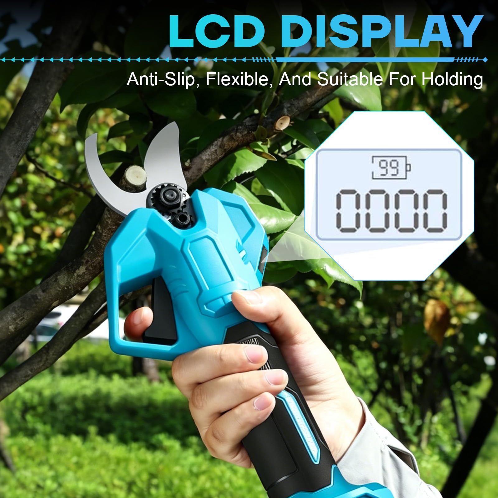 Tijeras de podar eléctricas con batería con motor sin escobillas, cuchillas SK5, batería recargable con indicador de carga, diámetro máximo de corte de 50 mm, para el jardín, 2 baterías de 1500 mAh