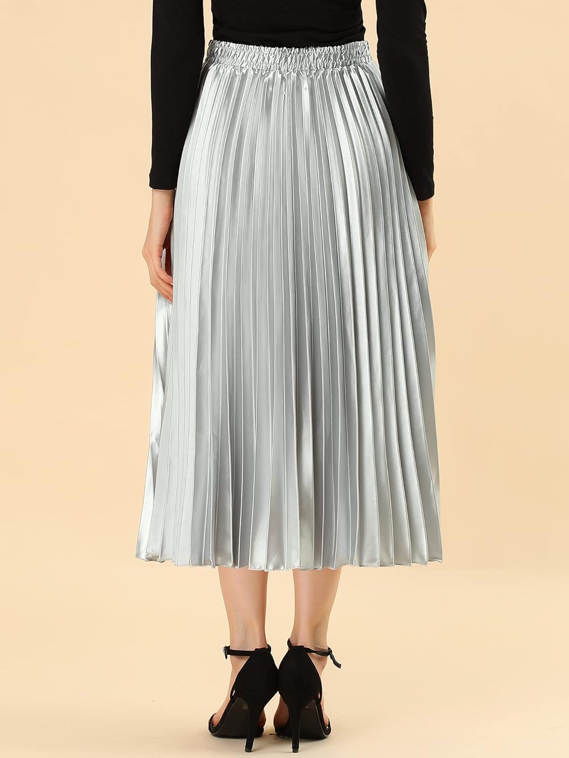 Allegra K Women Pleated Skirt Midi Length Elastic High Waisted A Line Swing Flare Metallic Shirring Party Valentines Skirts