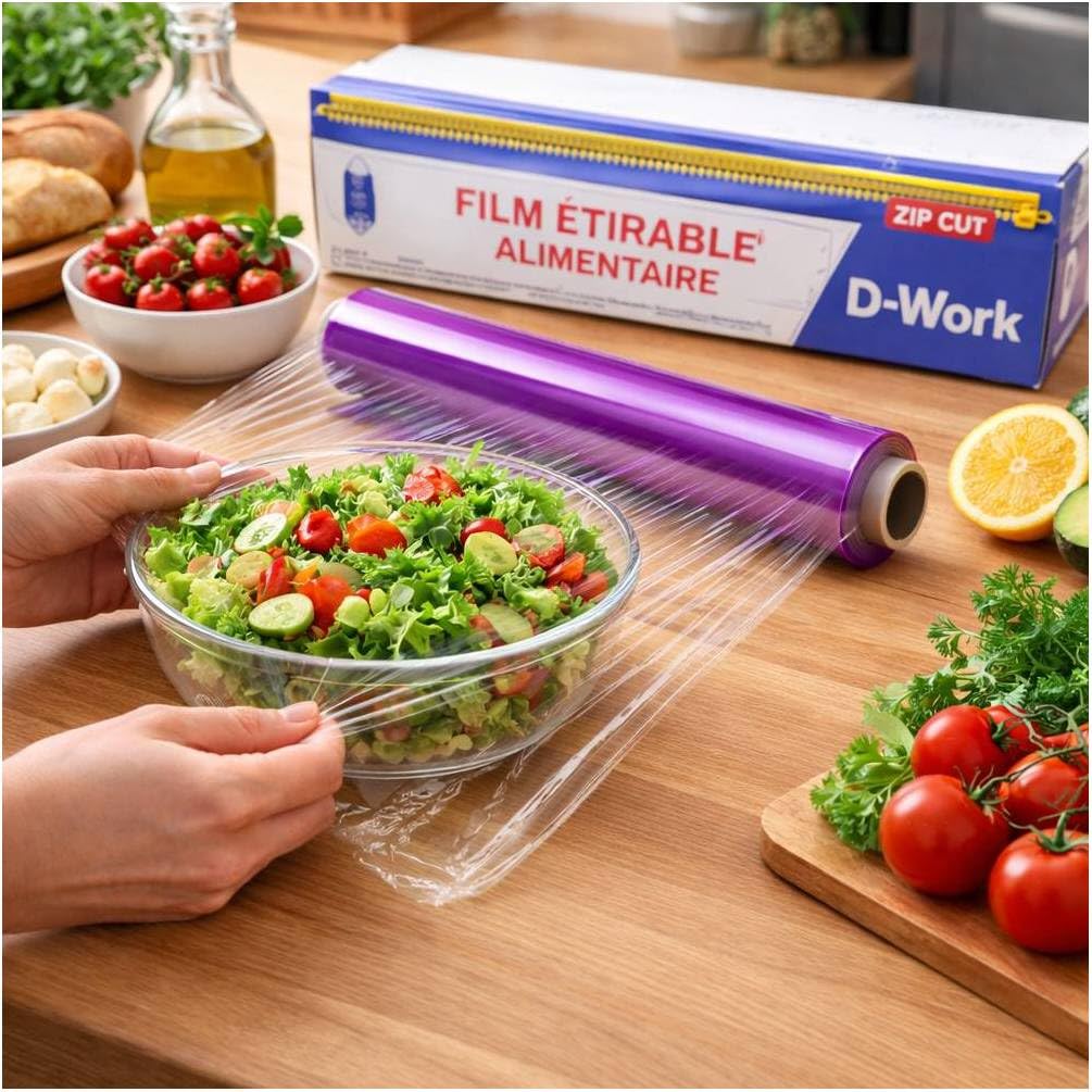 D-Work 6 rotoli di pellicola estensibile per alimenti, trasparente, con chiusura a zip, 300 m x 45 cm, 8 micron, in PVC sanitario, conservazione sicura degli alimenti
