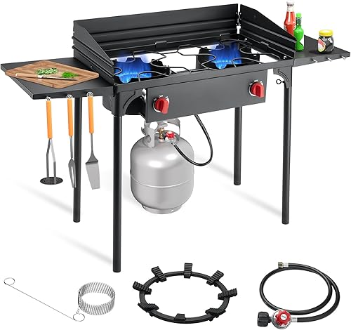 Miniatura 10 de Estufa de propano de 2 quemadores SKOK - Estufa de camping portátil con quemador de propano de alta eficiencia de 150,000BTU, estufa al aire libre