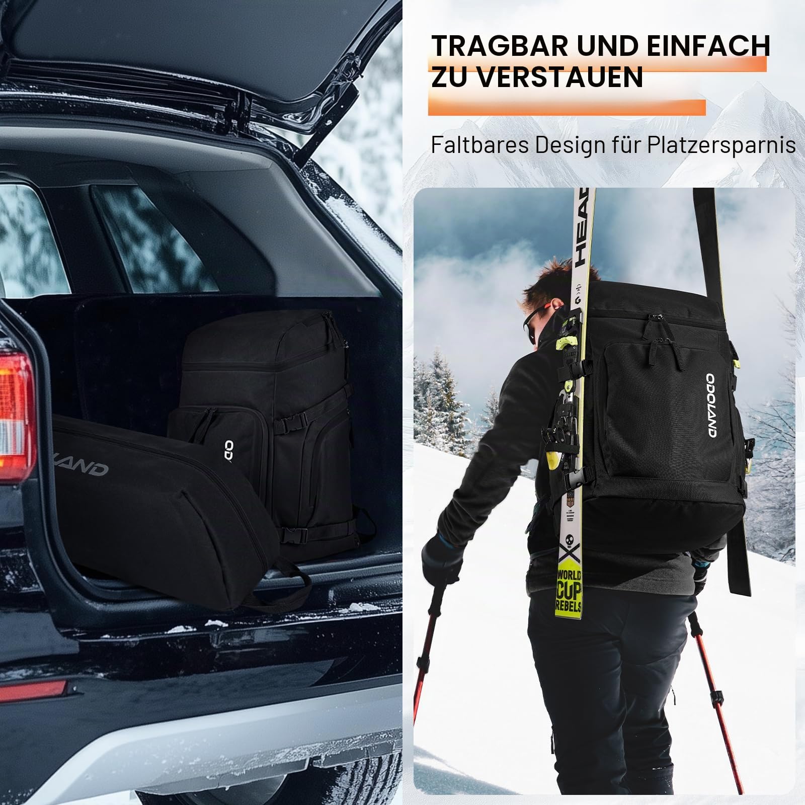 Odoland Skitasche Set, Gepolstert Skisack und Schuhtasche Combo für Flugreisen, Ski Tasche für Skier bis zu 200 cm, wasserdichte Ski Bag zur Aufbewahrung für Herren und Damen