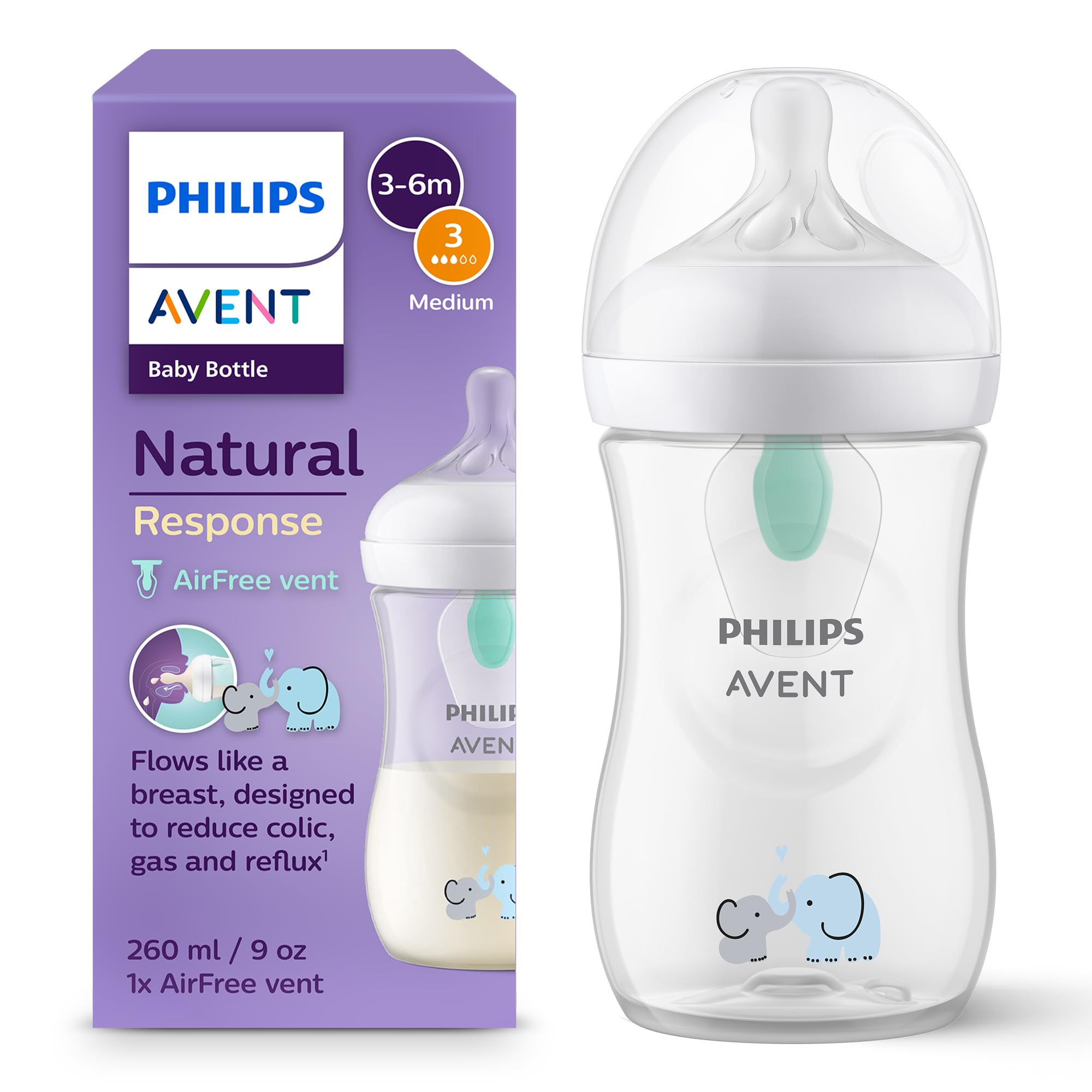 PhilipsAvent Natural Response Baby Bottle - 260ml Baby Milk Bottle with AirFree Vent, BPA Free for Newborn Babies Aged 1 Months+, Elephant Pattern (Model SCY673/81)