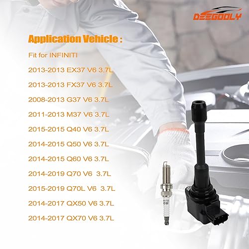 Miniatura 4 de Paquete de 6 bobinas de encendido UF617 y bujías de iridio compatibles con Infiniti EX37 FX37 G37 M37 Q50 3.7 3.7L V6 2008-2014 Reemplazar #