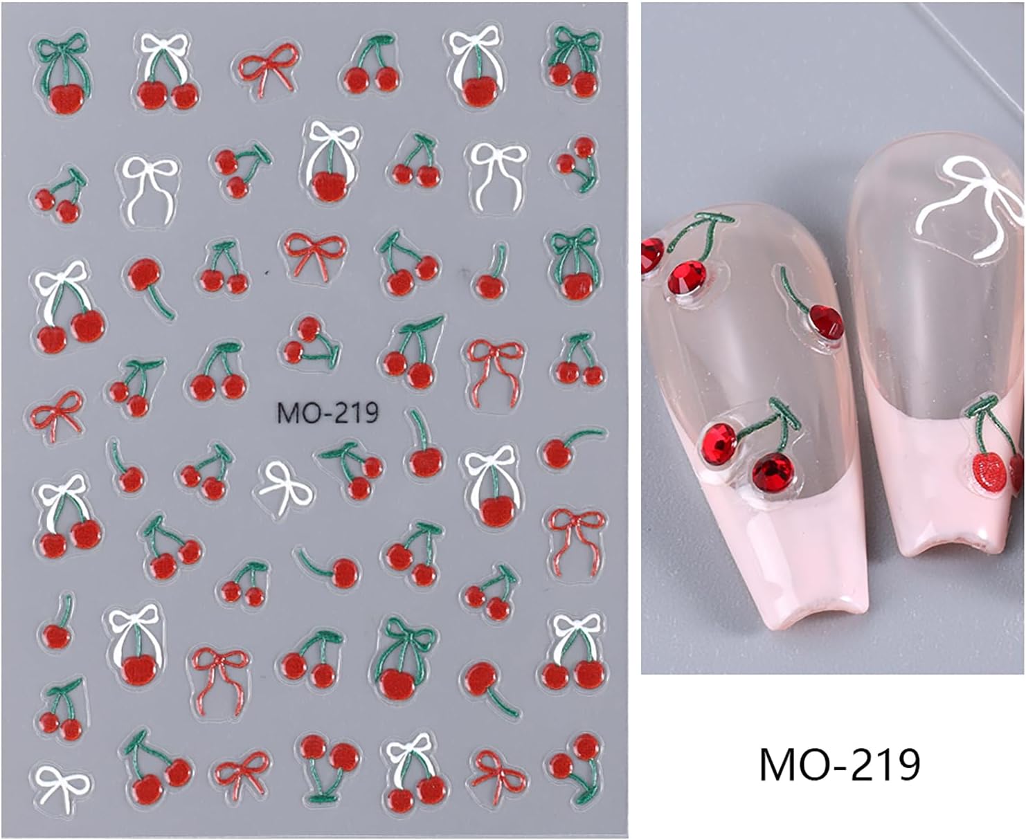 2 Sheet Cute Nail Art Sticker Decals Cherry Nail Stickers with Rhinestone Designs 5D Nail Sticker for Kids Women Girls DIY Manicure image 4