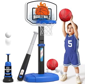 Wee Wonders 2 in 1 Toddler Basketball Hoop and T Ball Set with Automatic Pitching Machine - Adjustable Height, Kids Basketball Hoop Suit for Indoor/Outdoor, Sport Toys Gifts for Boys Age 3-5, Black