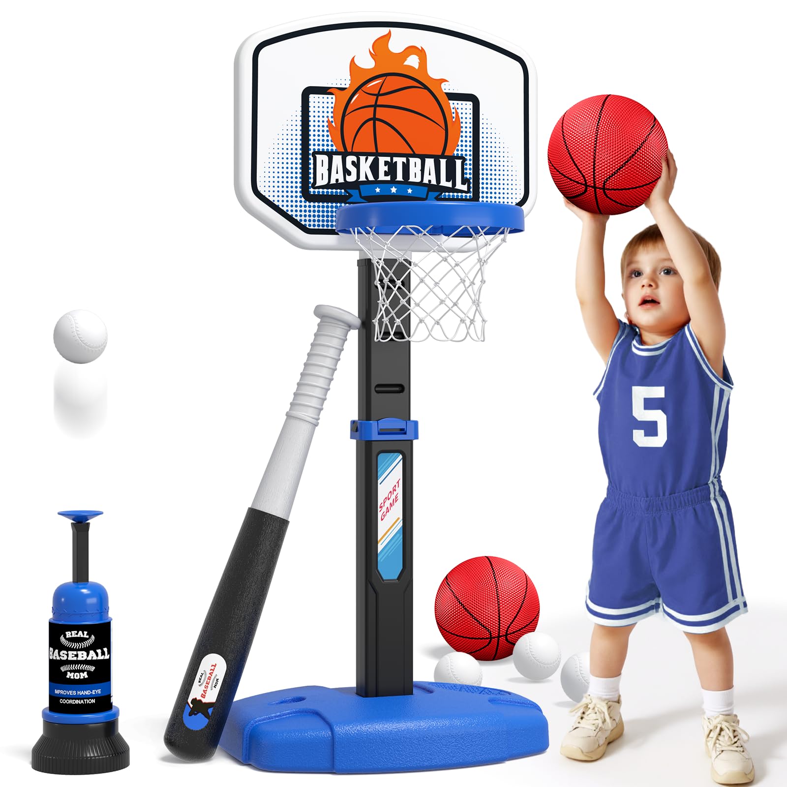 Wee Wonders 2 in 1 Toddler Basketball Hoop and T Ball Set with Automatic Pitching Machine - Adjustable Height, Kids Basketball Hoop Suit for Indoor/Outdoor, Sport Toys Gifts for Boys Age 3-5, Black