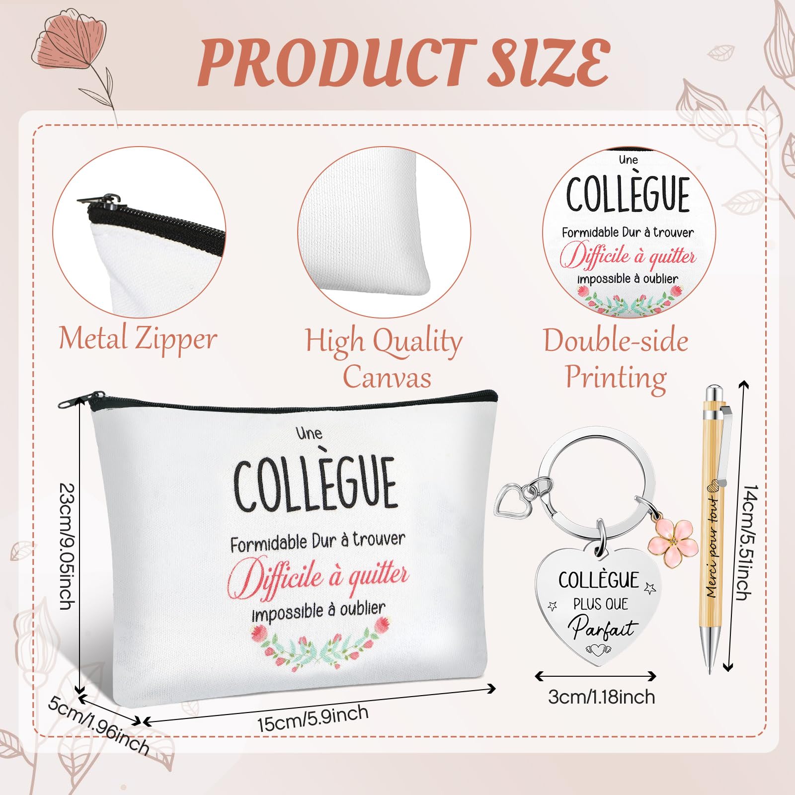 Hestya Set Cadeau Départ Collègue Femme 4 Pièces Pochette Maquillage Carnet Spirale Porte-Clés Stylo Bille