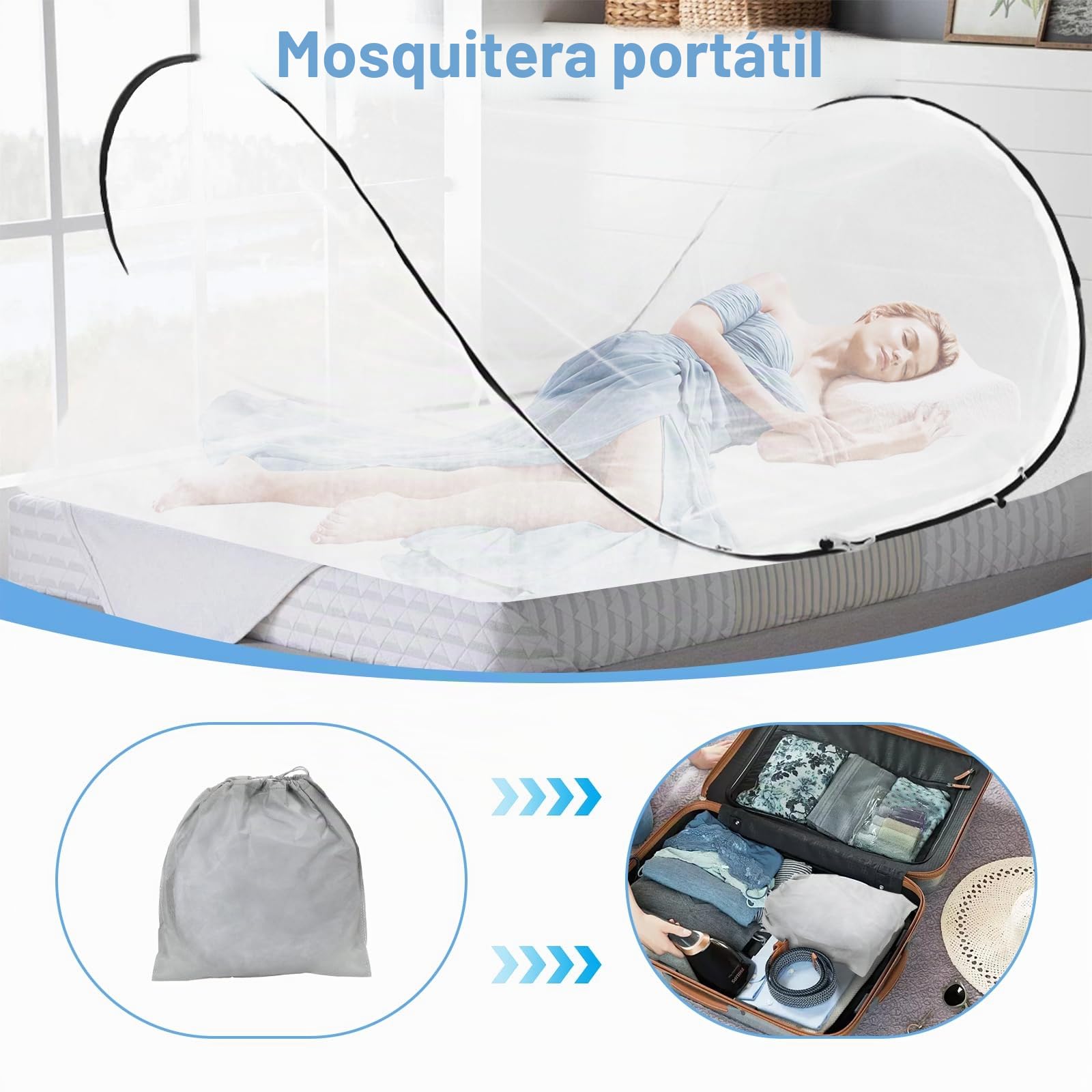 BigKing Mosquitera de viaje, ajustable, emergente mosquitera, portátil, plegable, para cama individual con cremallera, perfecta para dormitorios, viajes o camping