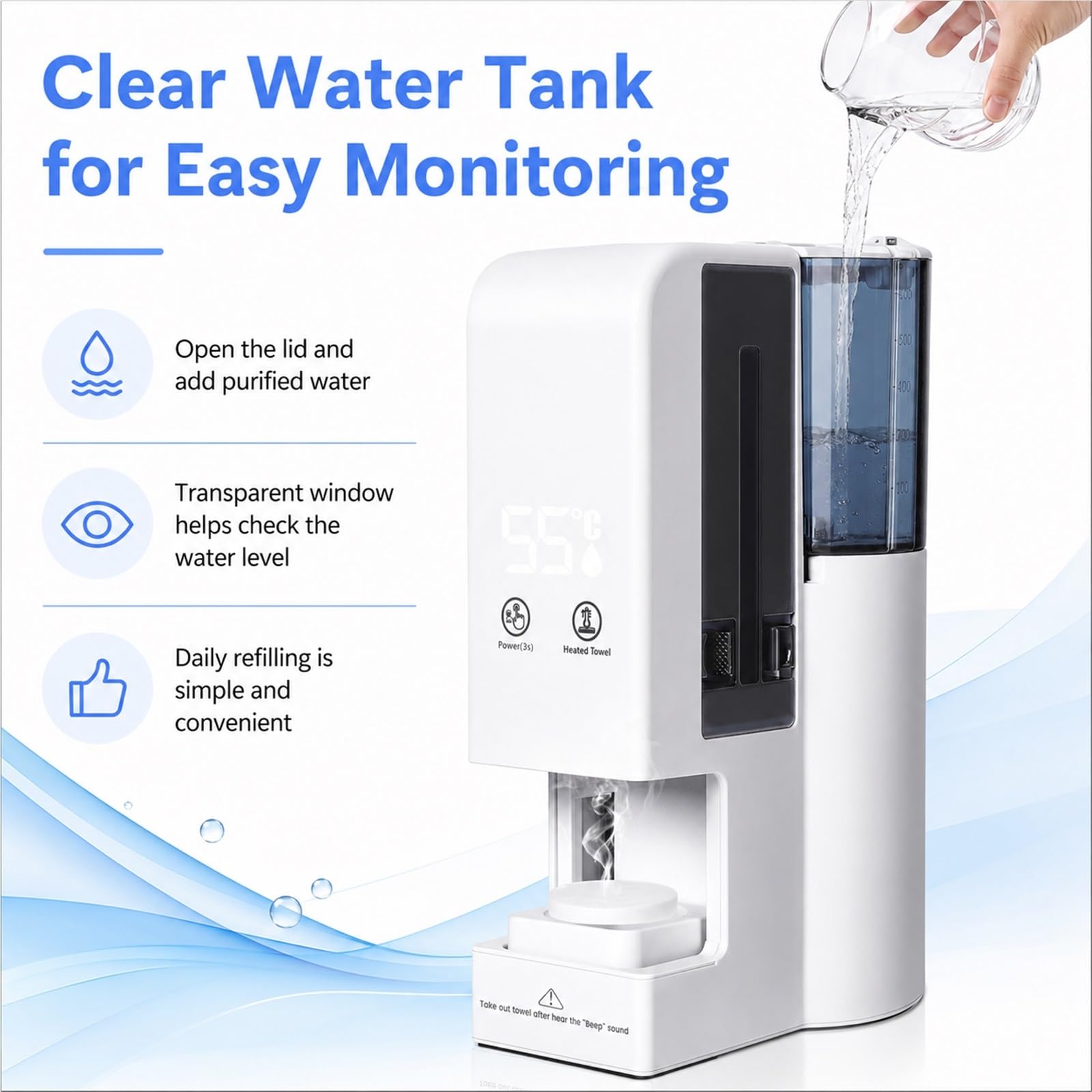 Handtuchwärmer für Gesichtstücher, schneller Dampf-Kompressenwärmer | Erwärmung in 5 Sek., konstante 55°C, 500ml Wassertank, ideal für Kosmetik, Hautpflege & mobile Nutzung