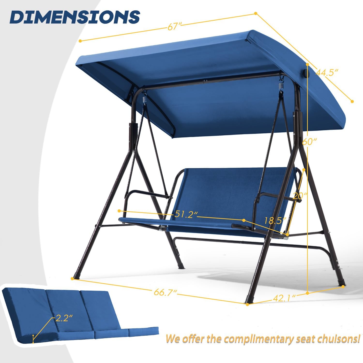 2 Seat Patio Swing, Outdoor Swing with Removable Cushions, Adjustable Canopy for Backyard, Porch, Garden,Fabric Seat,(Blue)
