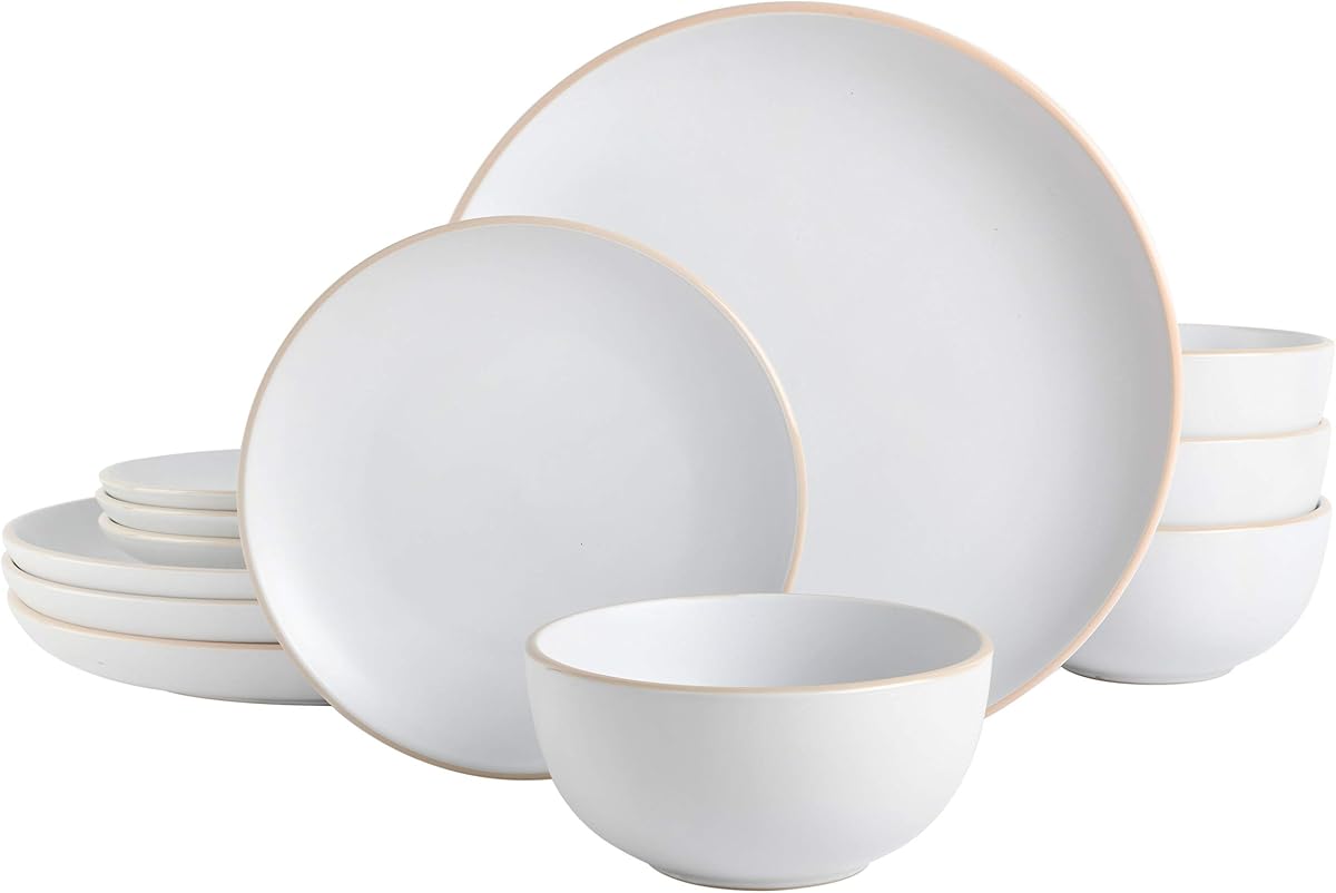 Rockaway 12-Piece Round Stoneware Dinnerware Set, Service for 4 – White Plates and Bowls, Modern Matte Finish, Microwave & Dishwasher Safe
