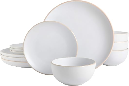 Gibson Home Rockaway 12-Piece Round Stoneware Dinnerware Set, Service for 4 White Plates and Bowls, Modern Matte Finish, Microwave & Dishwasher Safe