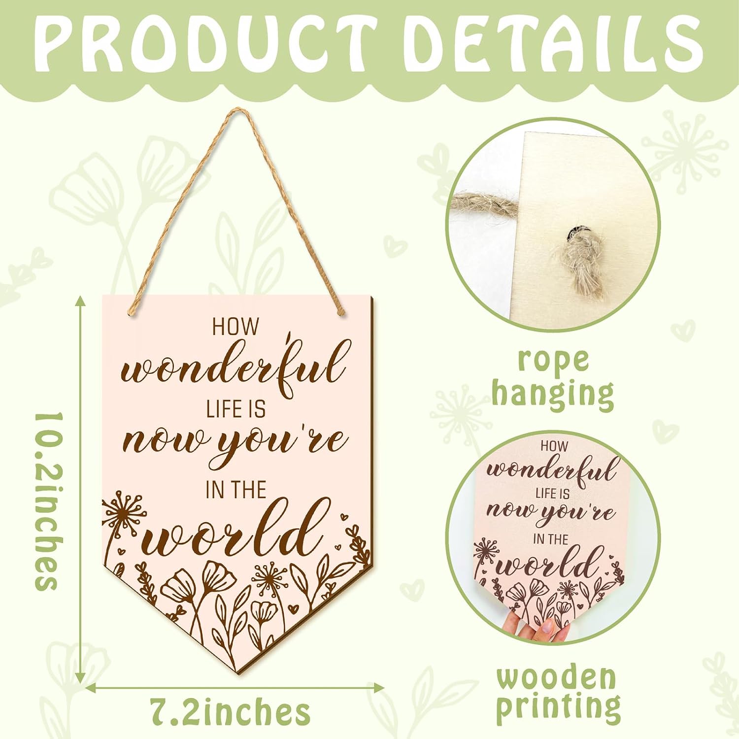 Nursery Wooden Hanging Sign Boho Floral Nursery Wall Decor Wood Flag Pennant Inspirational Quote Wall Art Plaque for Baby Shower Newborn Gift Gender Neutral Baby Room Decoration