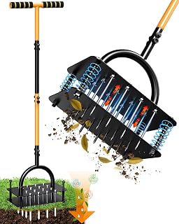 Lawn Aerator Tool - 16 Iron Spikes with Ergonomic T-Handle,Automatic Dirt Clean for Soil Loosening & Yard Aeration, Manual Metal Grass Aerator