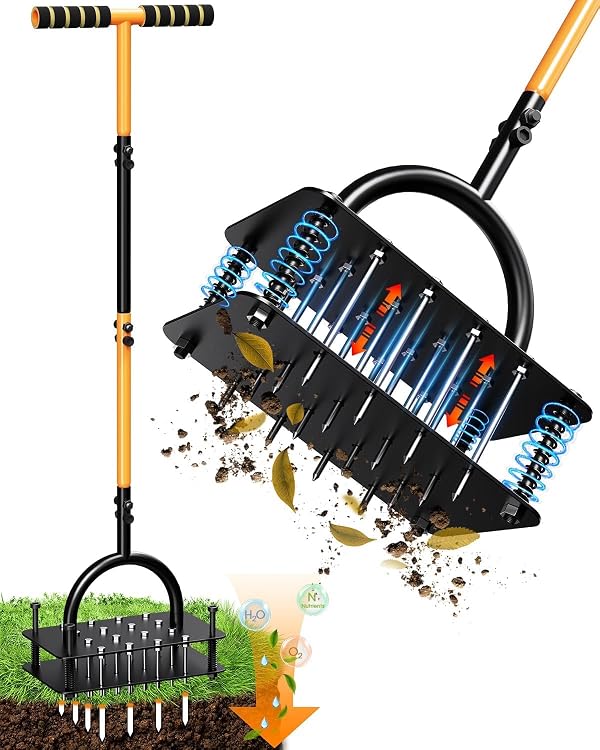 Lawn Aerator Tool - 16 Iron Spikes with Ergonomic T-Handle,Automatic Dirt Clean for Soil Loosening & Yard Aeration, Manual Metal Grass Aerator by MYMULIKE - Used condition - US$17.99
