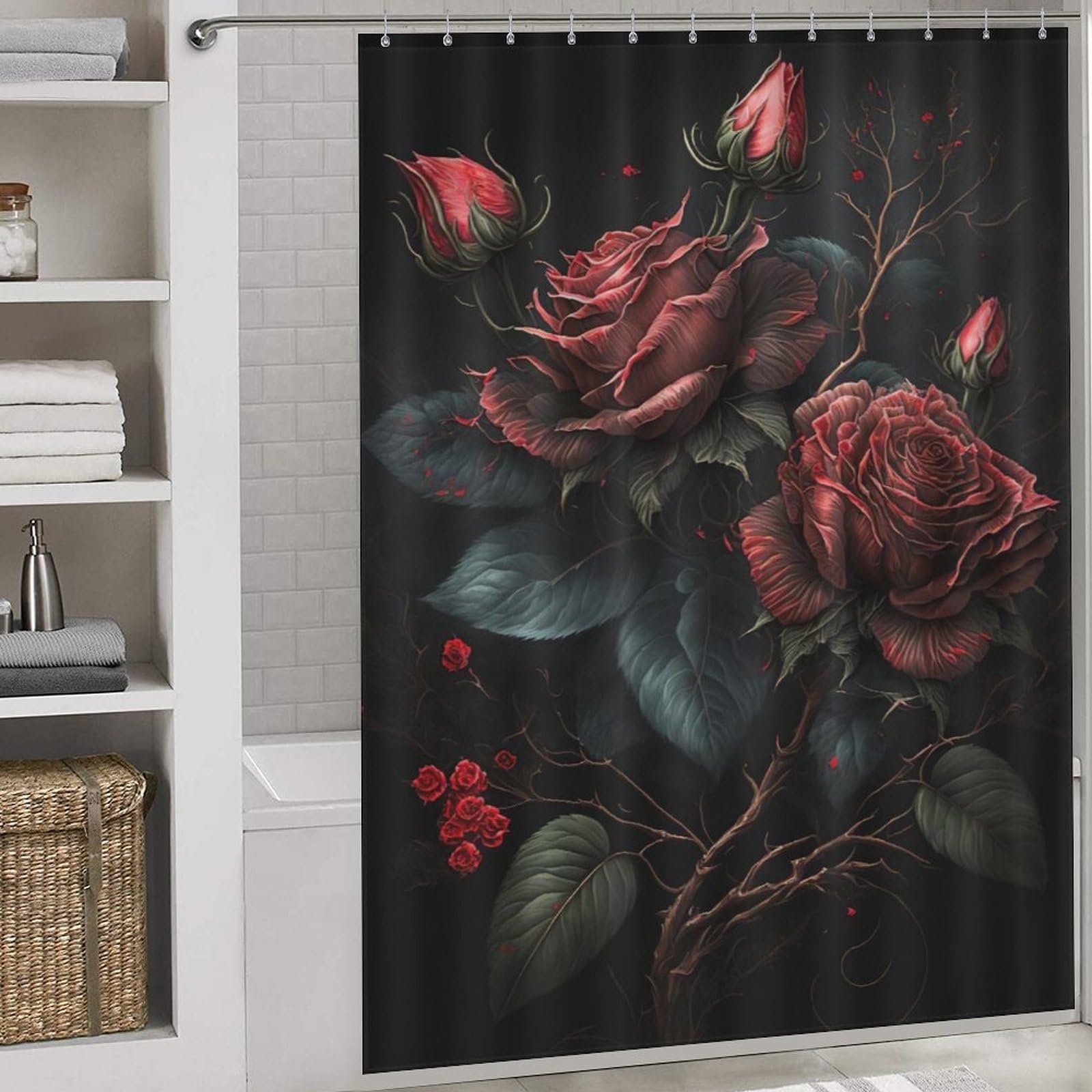 Rose Shower Curtains, Waterproof Shower Curtain Bathroom Curtains, With 12 White Plastic Hooks, 66x72Inch（168x183cm）