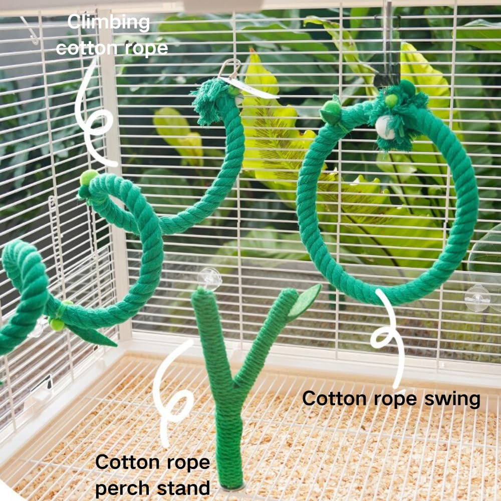 Copfeu 3PCS Bird Toys, Bird Swing, Cotton Y-Shaped Rope Perch Stand and Spiral Climbing Rope Perch Set for Parrot Budgie Parakeet Cockatiel Conure Lovebird Quaker, Bird Cage Decoration (Green)