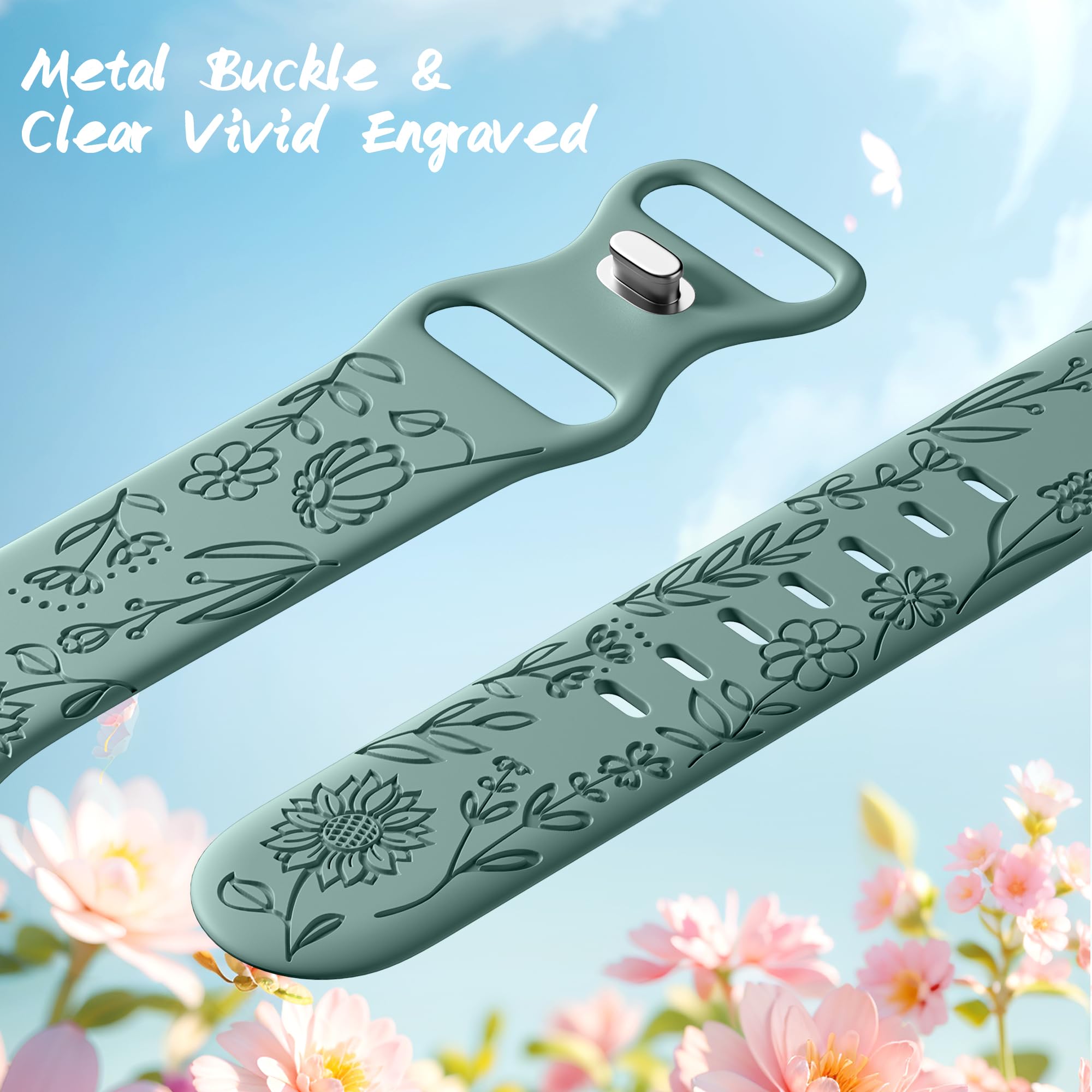 SNBLK 6 Pack Floral Engraved Bands Compatible with Apple Watch Bands 40mm 41mm 42mm 38mm 44mm 45mm 46mm 49mm Women Men, Silicone Flower Pattern Strap for iWatch Series 11 10 Se Ultra 9 8 7 6 5 4 3 2 1 - 4