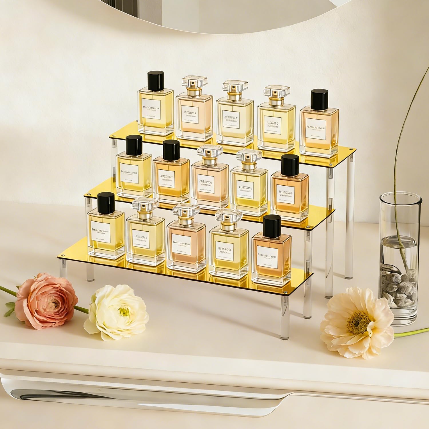 Gold Acrylic Display Risers, 3 Tier Perfume Organizer Stand, Cupcake Stand Holder, Large Display Shelf Risers for Figure & Collection, Dessert Shelves for Party, Decoration and Organizer