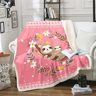 Cute Sloth Fleece Blanket Animal Sherpa Blanket for Kids, Pink Buffalo Blanket Throw Size White Yellow Flower Throw Blanket for Sofa, Kawaii Heart Print Flannel Blanket Cartoon Style Bedroom Decor
